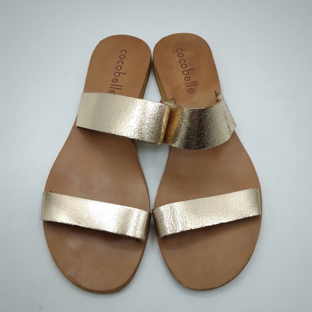 Anthropologie  Cocobelle Cracked Gold Leather Slide Flat Sandals Sz 10/41 Italy